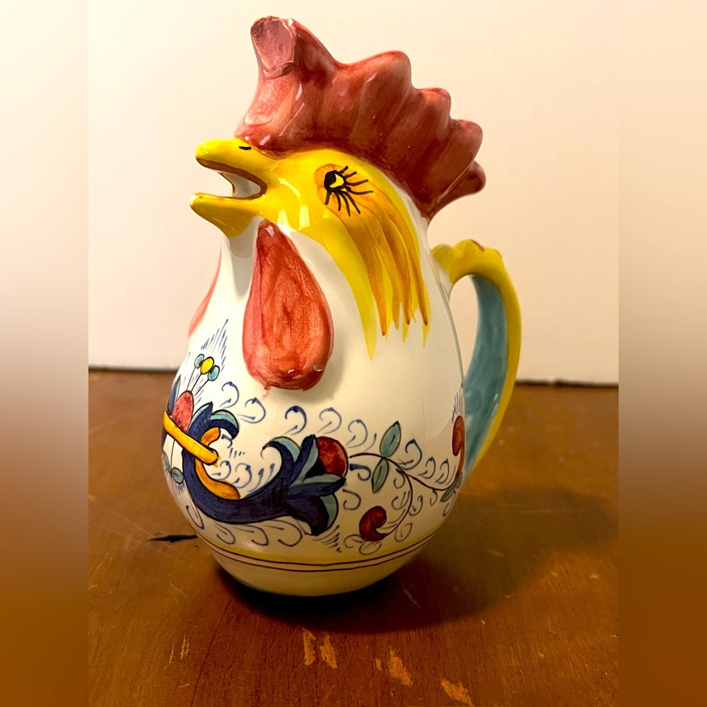 Deruta Style Rooster Pitcher Made In Italy. 6.5” Tall. Handpainted.
